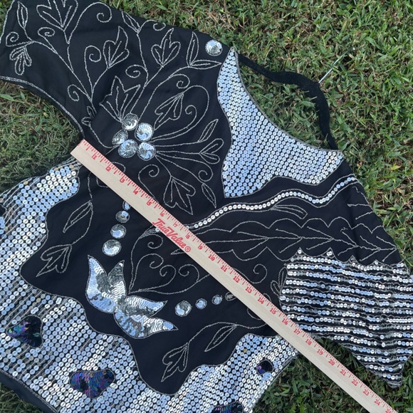 Vintage 80s Sequin Silk Top Black Silver Beaded Party Blouse S - Picture 10 of 10